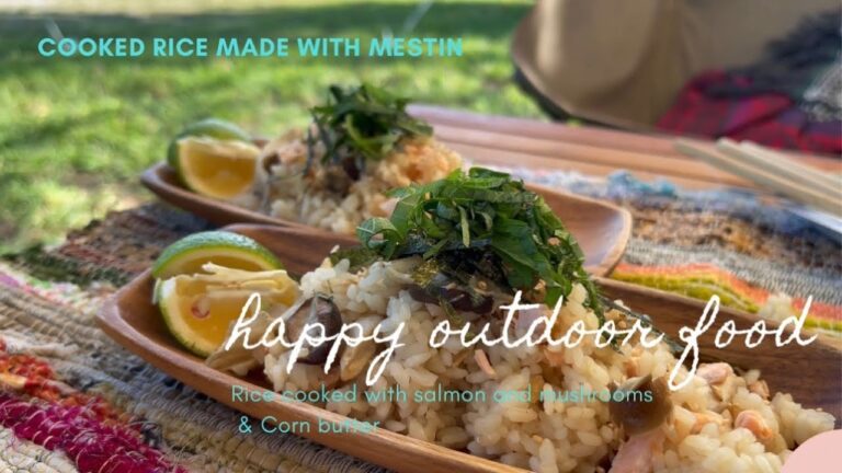 【デイキャンプ】メスティンで作る秋鮭とキノコの炊き込みご飯！コーンバター添え♡【幸せになれるキャンプごはん】