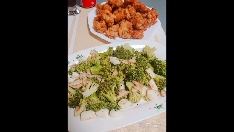 ブロッコリーとシーフードミックスのアーリオオーリオと鶏肉の唐揚げ