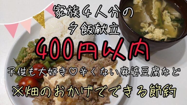 【節約メニュー】【辛くない麻婆豆腐】【舞茸とほうれん草のスープ】【いんげんの胡麻和え】家族4人分400円以内で夕飯を作ります。お金がないときの献立。