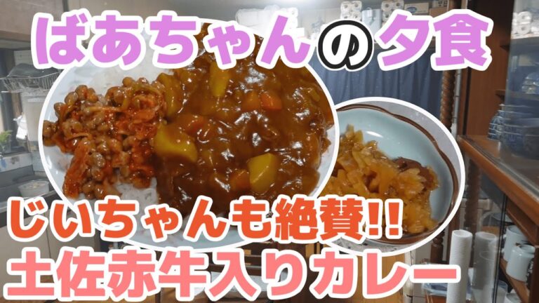 ばあちゃんの夕食 土佐の赤牛入りカレーと、ものの取り方が面白いばあちゃん。