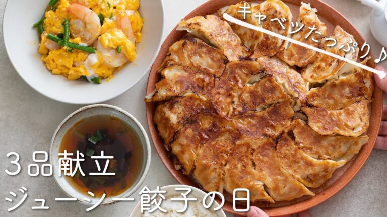 【３品献立レシピ】キャベツたっぷりジューシー餃子/えびとにんにくの芽のとろたま炒め/にらのオイスタースープの作り方