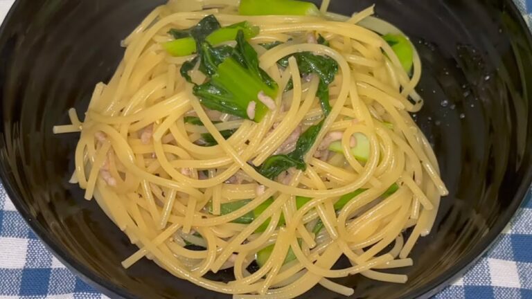 小松菜とひき肉の和風パスタの作り方！！