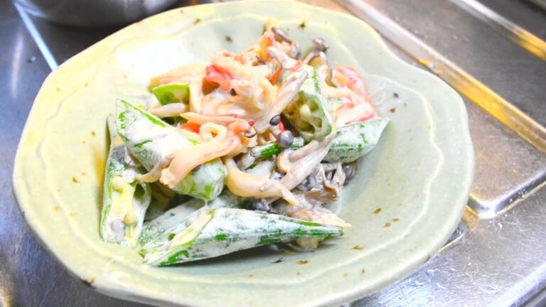 簡単サラダ、オクラ蟹蒲マヨネーズの作り方　　How to make okra salad with crab and mayonnaise