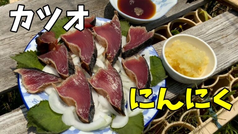 【カツオにんにく】畑で収穫したニンニクでかつおのたたきを食べる！！【新玉ねぎと大葉の付け合わせのカツオ刺身】
