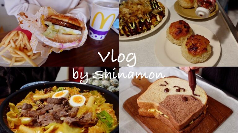 【食事vlog】炭水化物は心のビタミン剤🍜🍔🍙｜牛肉ラッポッキ、ねこ食パンのたまごサンド、味噌焼きおにぎり、キャベツ焼き、蒸し鶏生春巻き、てりたまバーガーetc.｜食事記録｜アラサー