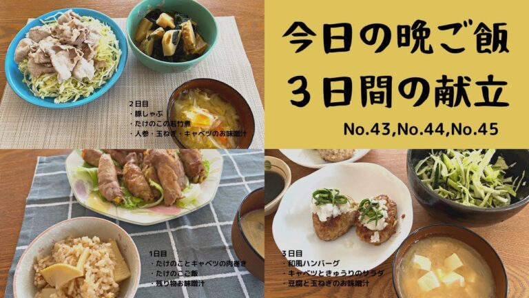 今日の晩ご飯1日目・筍ご飯・筍とキャベツの肉巻き2日目・筍の若竹煮・豚しゃぶ・人参・玉ねぎ・キャベツのお味噌汁3日目・和風ハンバーグ・豆腐と玉ねぎのお味噌汁・キャベツときゅうりのサラダ