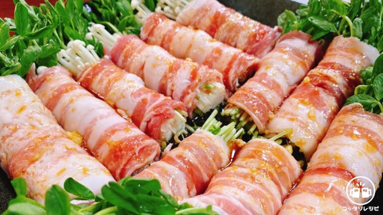 【巻いてチンするだけ】この食感と味付けがマジ超旨すぎる…『豆苗とえのきのやみつき豚バラ巻き』弁当／おかず／おつまみ／簡単レシピ／太らないレシピ／食物繊維／腸活ダイエット