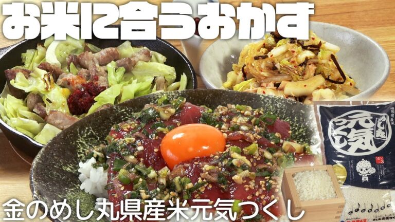 「金のめし丸県産米 めし丸元気つくし」に合う料理（肉と野菜の辛味噌鉄板／香味野菜たっぷり マグロの漬け丼／白菜と塩昆布の和え物）｜みみよりCooking（テレＱみみよりサタデイ）
