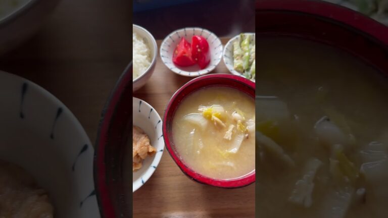 9:45生姜焼き、キャベツ白菜味噌汁、納豆、トマト、豆