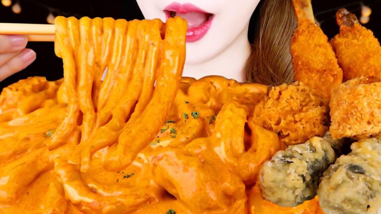 ASMR Rosé Tteokbokki, Fried Chicken 배떡 로제 떡볶이, 치킨, 집게튀김 먹방 EATING SOUNDS MUKBANG 咀嚼音