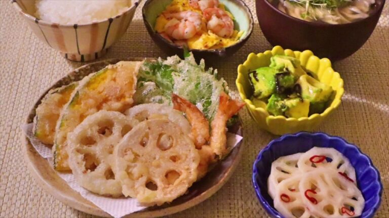 【料理】天ぷら・海老と玉子の中華炒め・酢れんこん・舞茸の豆腐のお吸い物