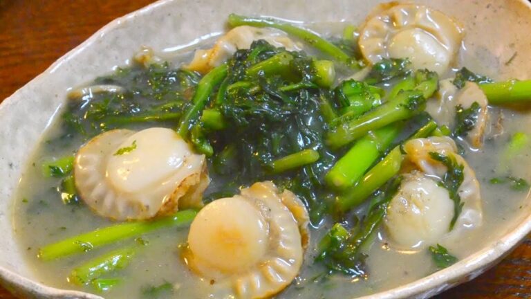 ホタテのレシピ：ホタテと春菊の餡かけ炒め　　How to make stir-fried Japanese scallops and garland chrysanthemum