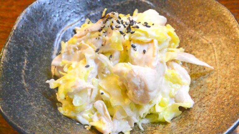 鶏ささみ肉の食べ方：ピリ辛マヨネーズ和え　　How to make cabbage salad with chicken tender dressed with spicy mayonnaise