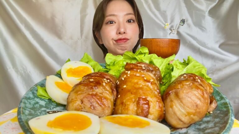 【咀嚼音】肉巻きおにぎりを食べる動画🍖〜小ネギって欲しいときにない🍙〜【eating sounds】