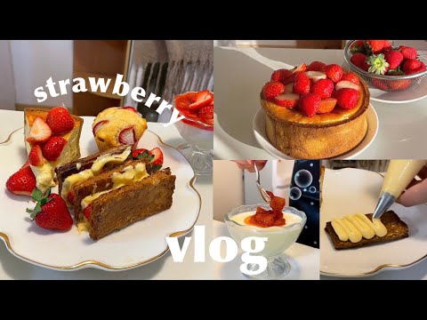 vlog/いちご尽くしのスイーツプレート作り🍓チーズケーキ、ミルフィーユ、パンナコッタ、マフィン全てにいちごをたっぷり🤤