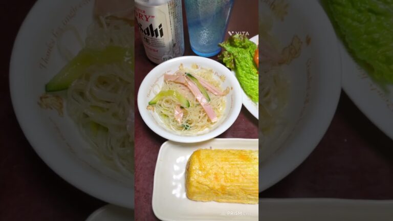 #夕食#海老チリ#だし巻き卵#春雨サラダ