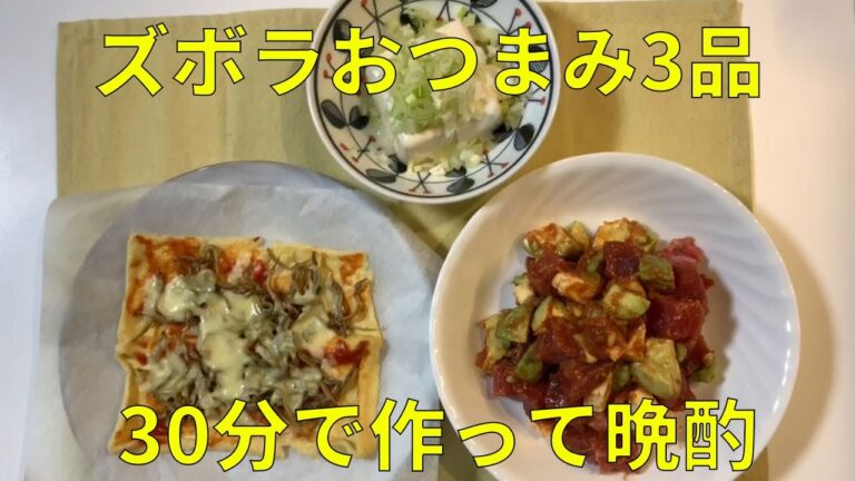 【呑兵衛の簡単おつまみ3品】マグロとアボカドのサルサソースサラダ・油揚げの小女子ピザ・冷奴ネギたっぷり#001