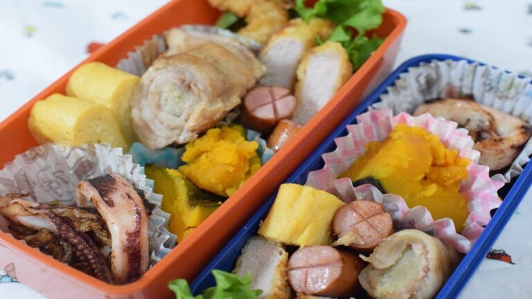 【お弁当】30 イカとネギのバター炒め ヒレカツ エビフライ かぼちゃの煮物