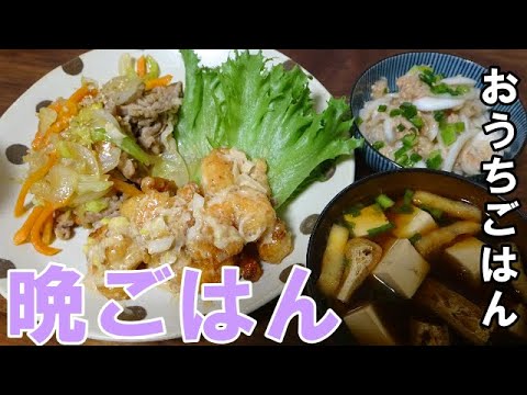 【晩ごはん】野菜炒め　海老マヨ 新玉ねぎのサラダ お味噌汁