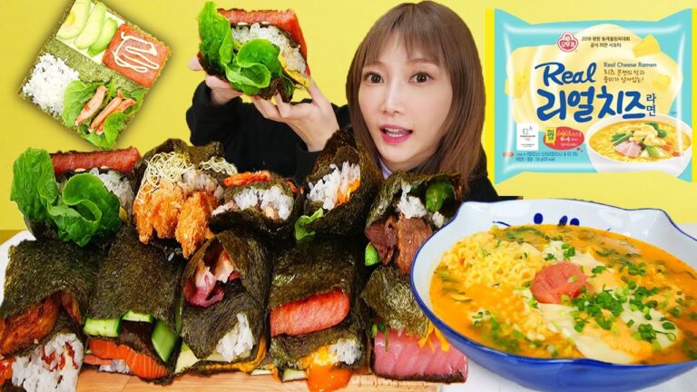 【大食い】韓国のおにぎらず！？SNSで流行の折り畳みキンパとチーズラーメンを一緒に食べる！簡単で美味しい[四角キンパ]사각김밥【木下ゆうか】