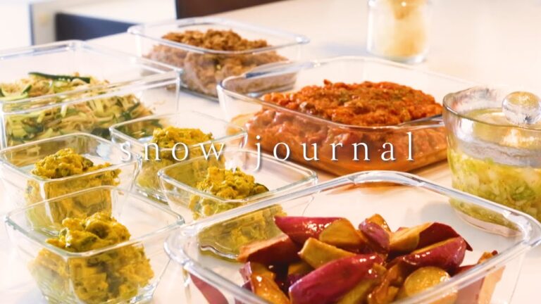 【作り置き】簡単レシピで手間がかからない作り置き６品｜和風かぼちゃサラダ｜チキンのトマト煮｜きゅうりともやしのツナ和え｜白菜のにんにく生姜漬け｜カリッと大学芋｜豚肉のおろし玉ねぎ炒め｜mealprep