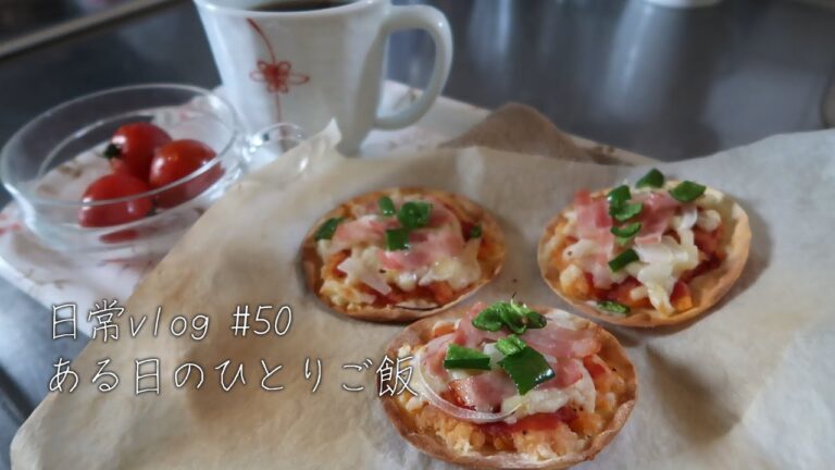 シニアひとりご飯#50｜お豆腐でギョーザとハンバーグ｜餃子の皮でミニピザ作り