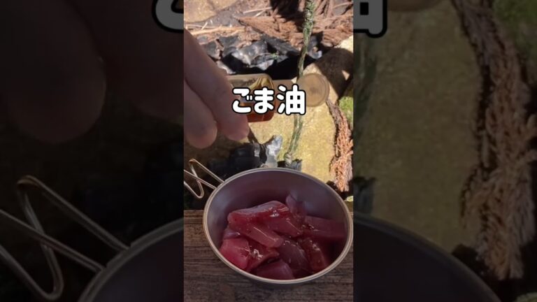 実家の山で、ビールのおつまみにマグロの漬け風！！#ソトメシ#キャンプ#bushcraft#おつまみ
