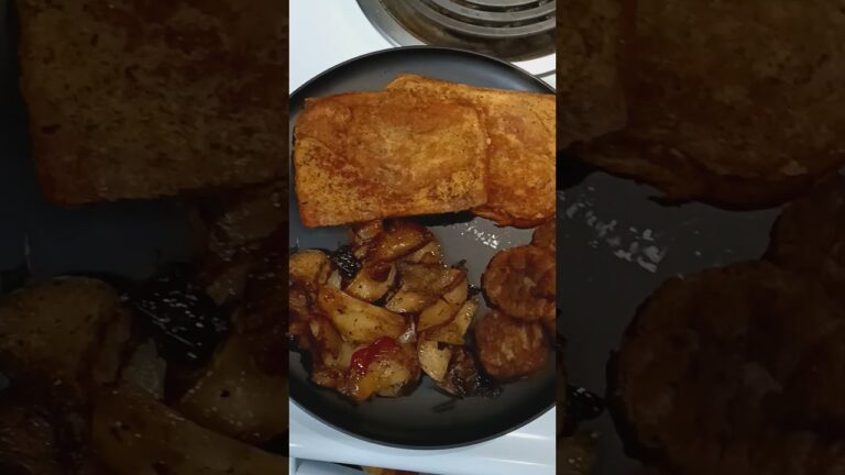 homemade French toast with vanilla and cinnamon fried potatoes and fried sausages for my teenagers