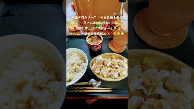 🌟飯テロシリーズ昼食は、ご飯、さんまの味噌煮の缶詰、焼売、ルイボスティー！＊４月１日よりＳＮＳ規制の法律施行（２０２５０３１３ー２） #飯テロシリーズ料理#焼売#さんまの味噌煮short#lunch