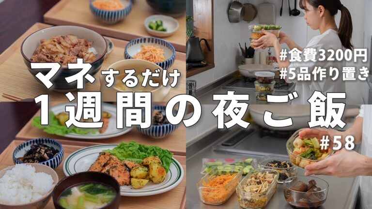 【1週間献立】3200円で作る節約晩ご飯｜10分でまとめて5品作り置き｜平日ラクする2人くらしの夜ご飯おかず#58