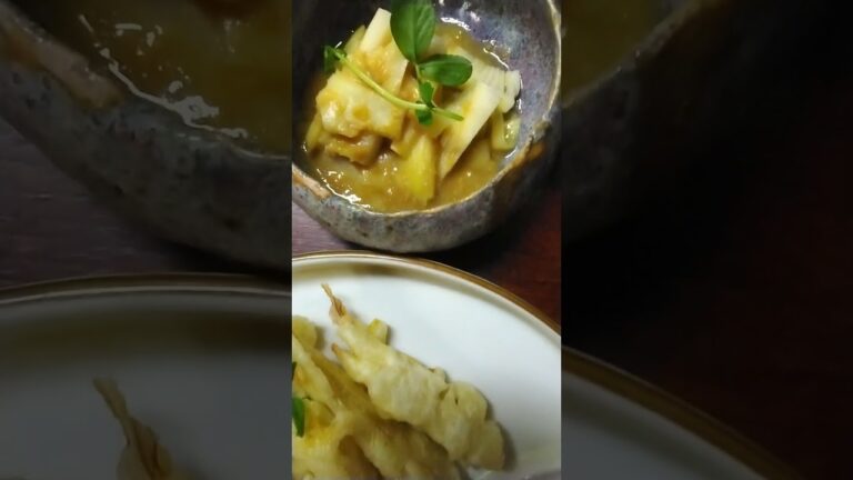 竹の子料理。天ぷら、酢味噌あえ、煮物、味噌汁。