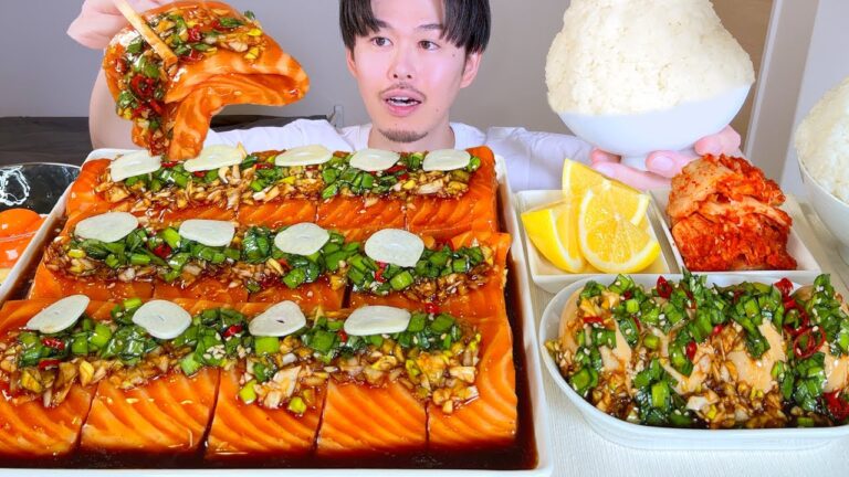 ASMR  サーモンにんにく醤油漬け Salmon EATING SOUNDS | 咀嚼音 | MUKBANG | 먹방