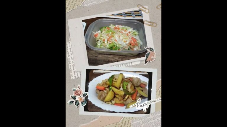 @上は野菜(キャベツ、にんじん、ピーマン、玉ねぎ)の中華風和え物、下は根菜(さつまいも、蓮根、にんじん、ピーマン)と鶏肉団子の甘酢炒め