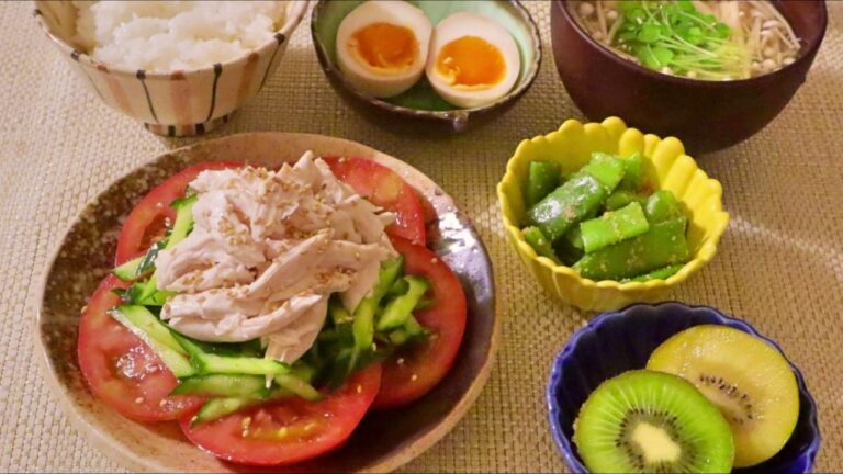 【料理】棒棒鶏サラダ・えのきの味噌汁・いんげんの胡麻和え