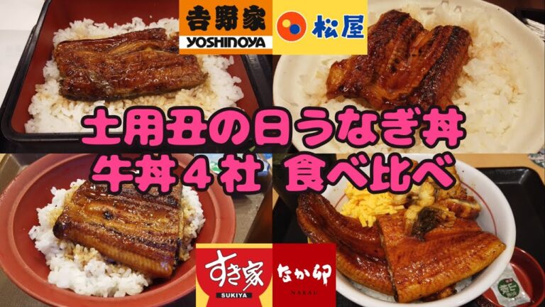 うなぎ丼４社食べ比べ！デカ盛りも！土用丑の日ＳＰ！忖度なし個人の感想です【昼めしジプシー】吉野家/松屋/すき家/なか卯