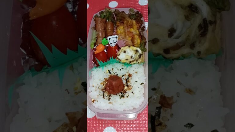 息子弁当🍱ハムとコーンのかき揚げ&ピーマンのベーコン巻き&塩昆布の卵焼きf(^_^)