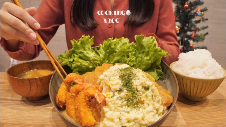 【大盛り】タルタルソースたっぷりチキン南蛮&エビフライで食欲を満たす幸せ夕ご飯【爆食】