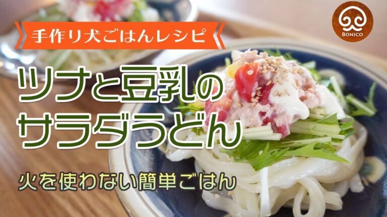 【犬の手作りご飯】ツナと豆乳の簡単サラダうどん 【切って混ぜるだけ】