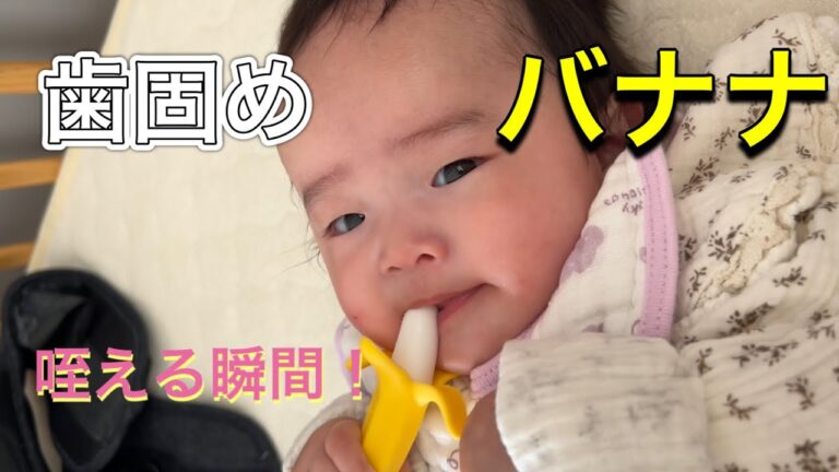 【生後4ヶ月】歯固めバナナを加える瞬間【赤ちゃん】