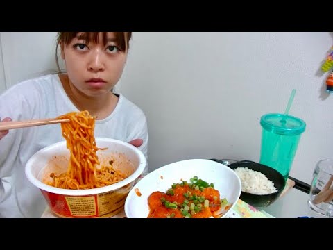 【ジャンクフード】レンジで海老チリソースとマルちゃん正麺汁なし担々麺と米【高カロリー】