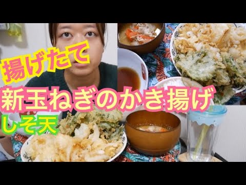 【揚げたてサクサク】新玉ねぎのかき揚げとしそ天と豚汁とご飯【めんつゆで頂く】