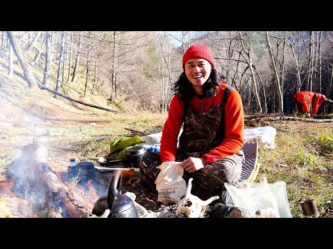 #111-A 冬の登山・野営 ／ 夕食：鹿タン＆鹿ハツ焼き・鹿レバーステーキ・鹿の背ロース醤油漬け・鹿ステーキ丼 ／ 朝食：鹿と納豆のおじや ／ 熊猟