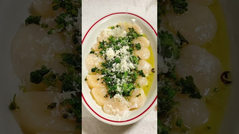 熱々オリーブオイルがけ　菜の花漬とホタテのカルパッチョ❗️#菜の花#ホタテ#カルパッチョ#打田漬物# 漬物