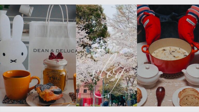 【Vlog】雨続きの春☘️温かいきのこクリームスープを作って好きなテーブルセッティングで食べる🍄‍🟫桜を見た帰りに買ったお気に入りの店のチョコマフィン🧁ポテトサラダとエビイカ炒めで1人晩酌🦑🍺