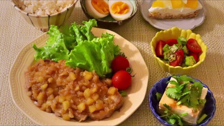 【料理】ポークソテー・生オクラとトマトのサラダ・パクチー冷奴