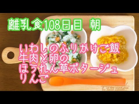 【離乳食 後期 作り方】いわしのふりかけご飯 牛肉と卵のほうれん草ポタージュ りんご【生後9ヶ月】
