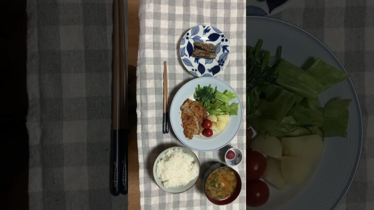 4月7日夕食　豚ロースの生姜焼き　サラダ　プチトマト　茹でじゃがいも　ほうれん草のバター炒め　イワシの生姜煮　梅干し　豆腐とワカメの味噌汁　体重維持　#食事日記