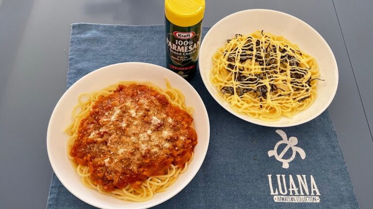 大豆ミートトマトソースパスタ　塩昆布マヨパスタ