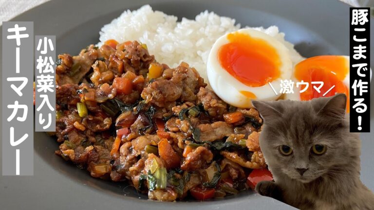 豚こまで作る！小松菜入りキーマカレーwith cats
