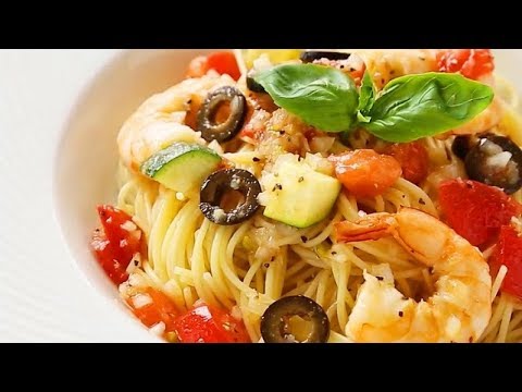 エビと夏野菜のさっぱり冷製パスタ